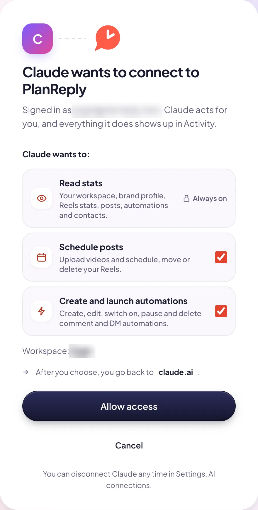 PlanReply consent screen: Claude wants to connect to PlanReply. Read stats is always on, Schedule posts and Create and launch automations can be switched off, then Allow access.